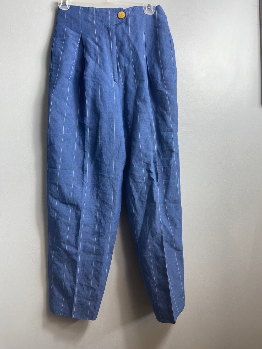 Vtg Bernard Zins Paris Linen Pinstripe Pleated Trousers Blue Tailored US 10/12